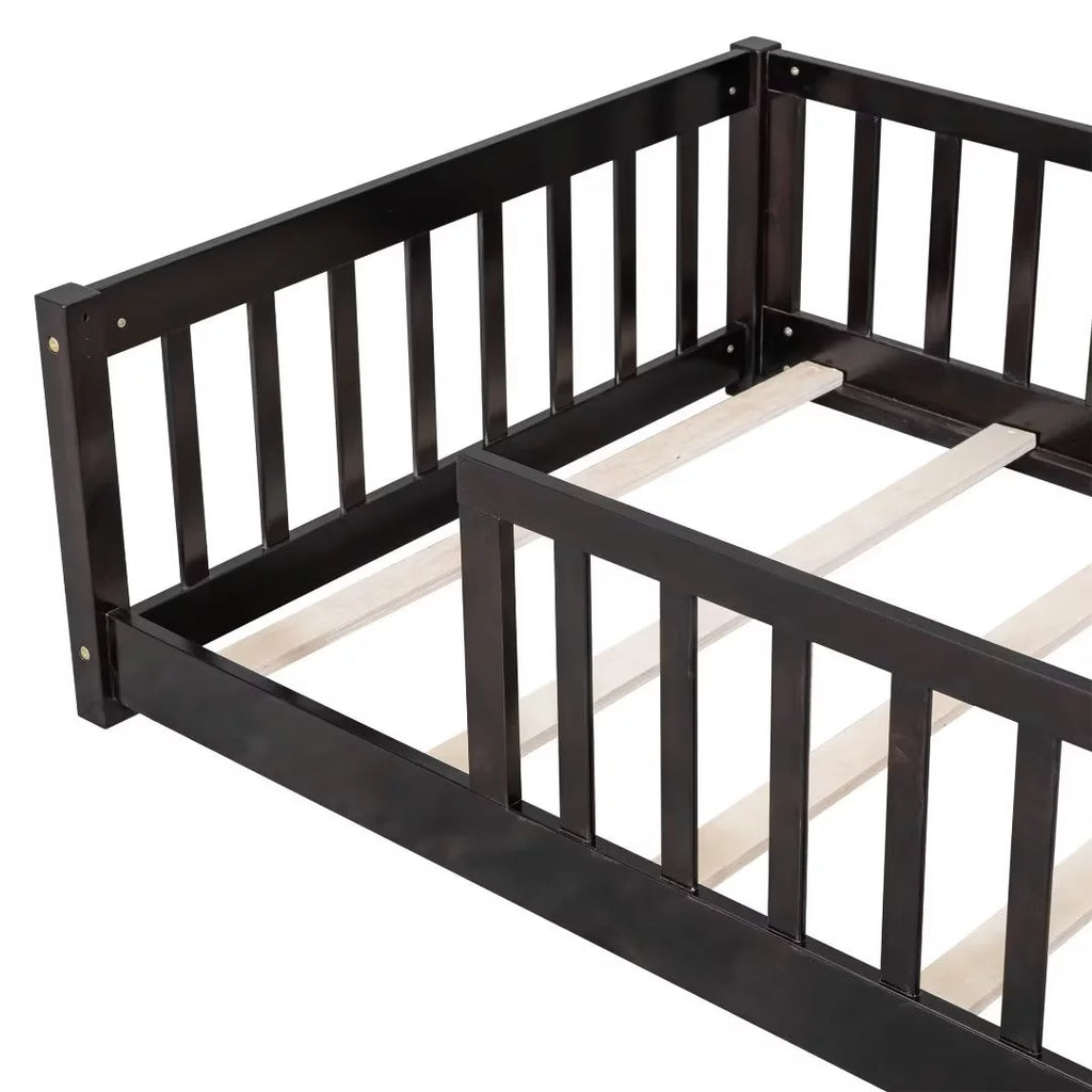 White Full Size Floor Bed with Fence Guardrails and Roof L95619
