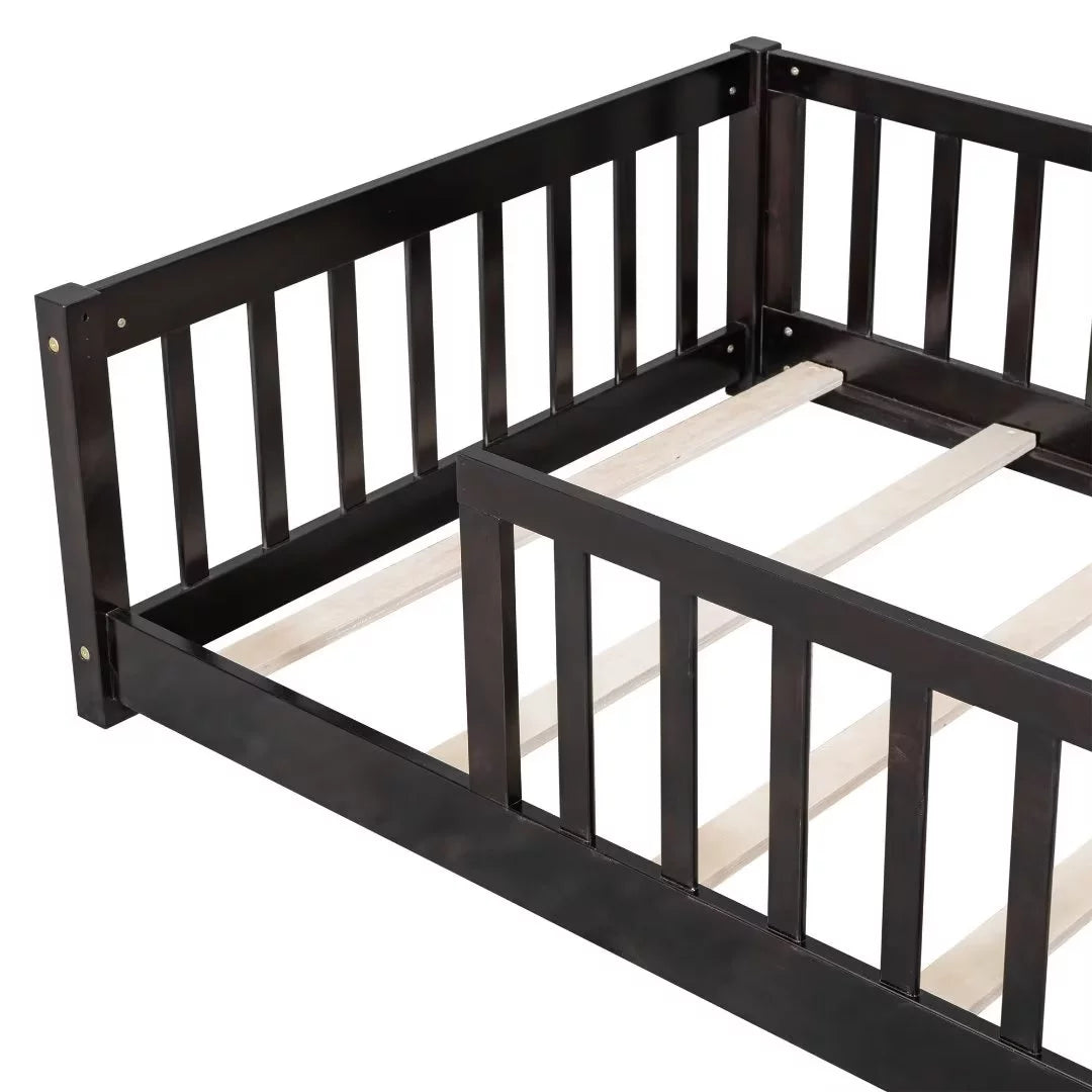 White Full Size Floor Bed with Fence Guardrails and Roof L95619
