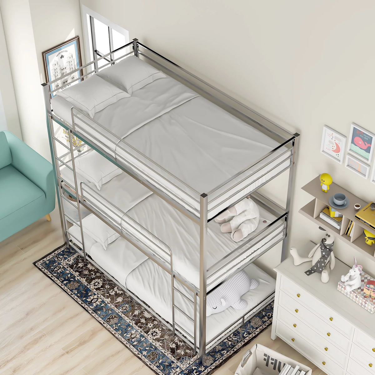 Metal Twin-over-Twin-over-Twin Bunk Bed J273