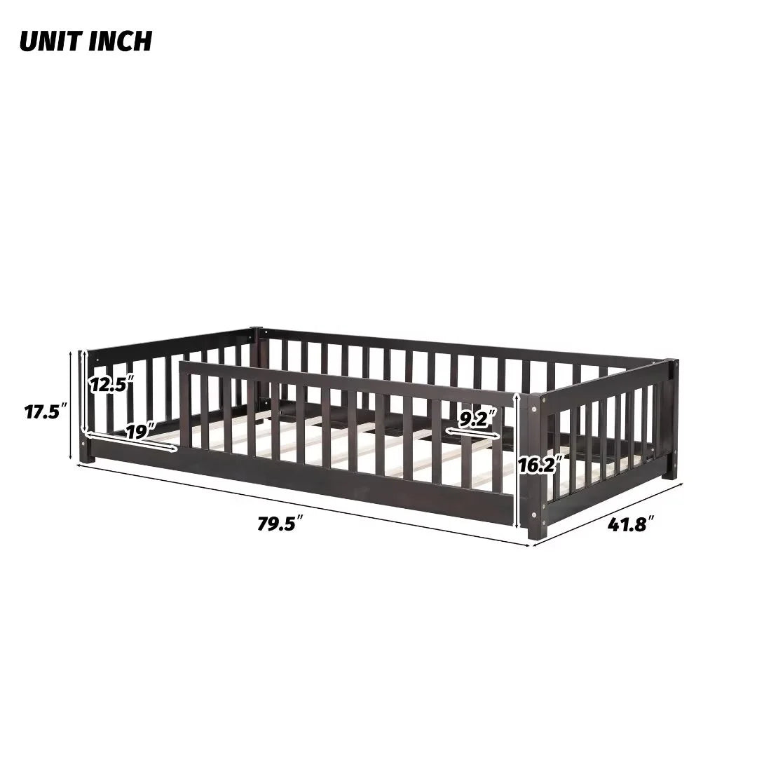 White Full Size Floor Bed with Fence Guardrails and Roof L95619