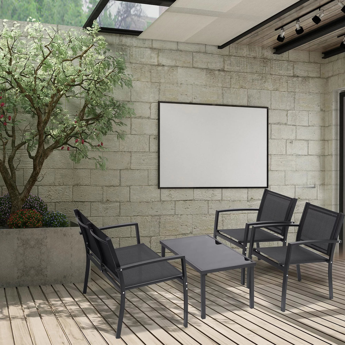 4 Pieces Patio Furniture Set with Glass Coffee Table Black S7456
