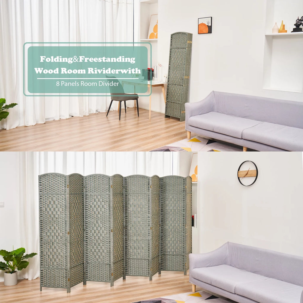 5.7ft Wood Fiber Woven 8 Panels Grey Room Divider G859