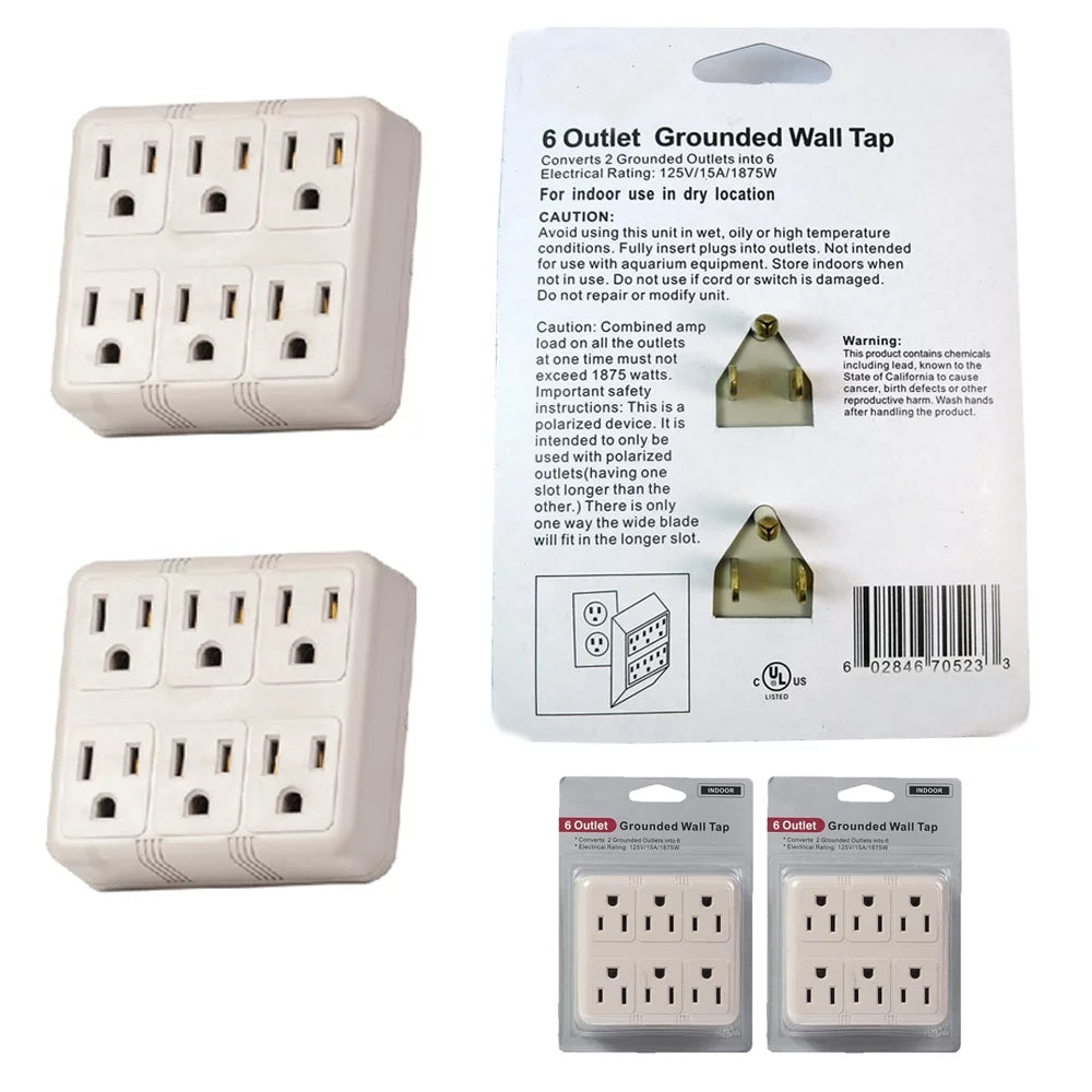 2Pc 6 Way Wall Outlet Tap AC 125V Power Adapter B203