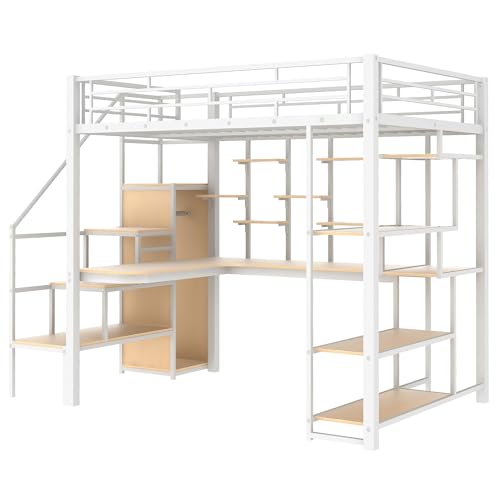 Full Size Black Metal Loft Bed with Desk, Wardrobe and Storage Stairs D915102