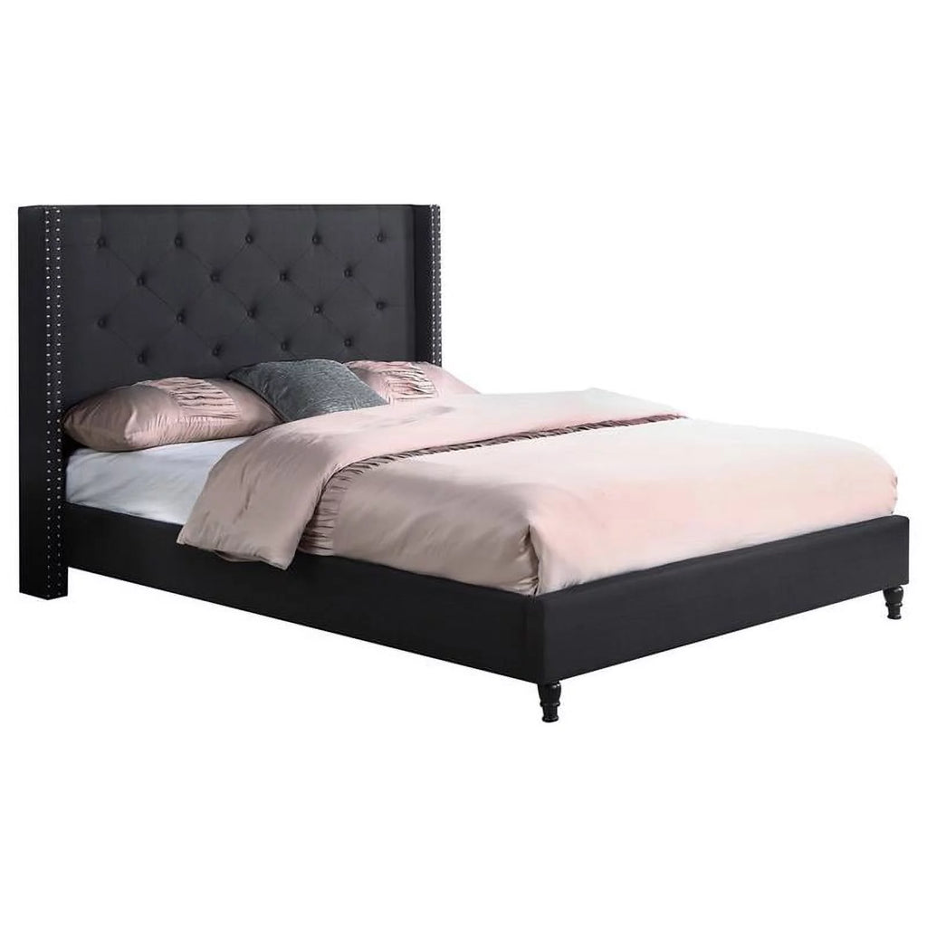 Black Fabric Upholstered Wingback King Platform Bed I204