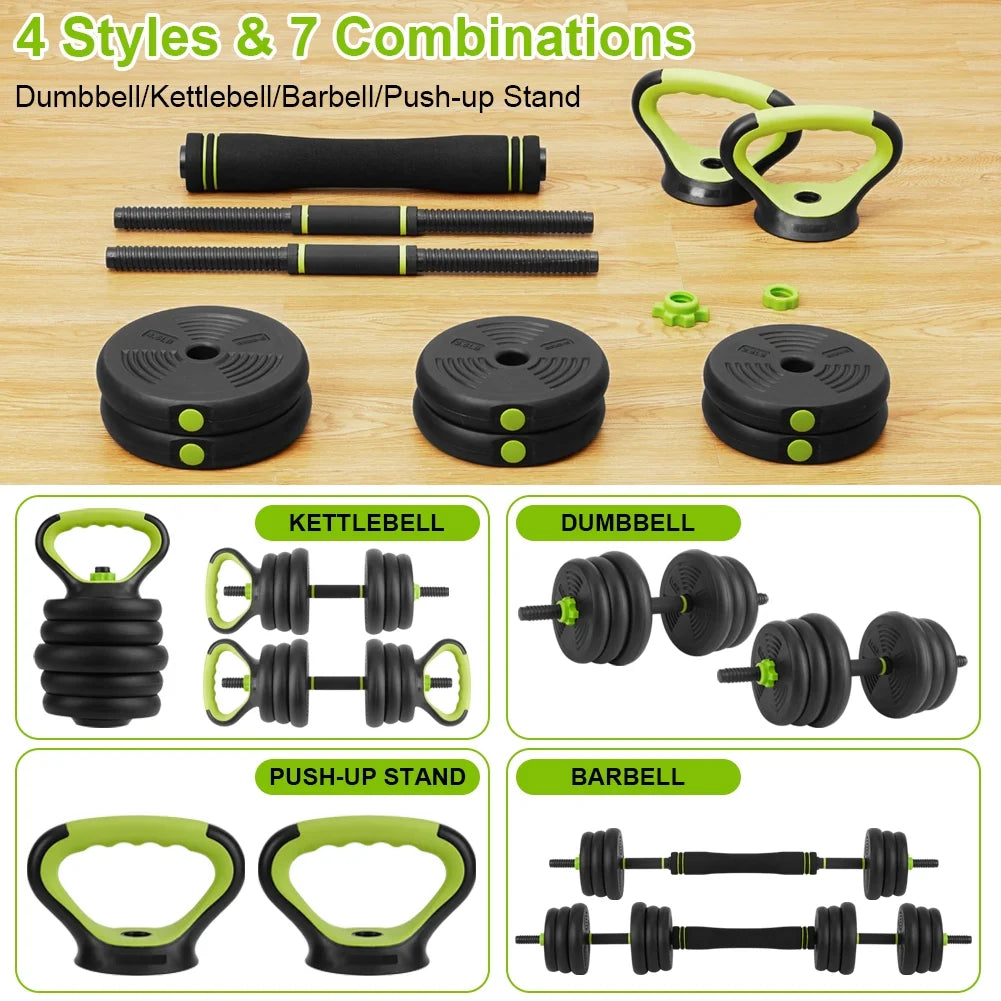 4-in-1 Dumbbells Set Barbell Kettlebells Push-Up-Stand 50 Pounds P407