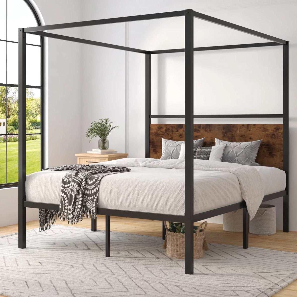 Queen Size Metal Canopy Bed Frame with Wooden Headboard L21135