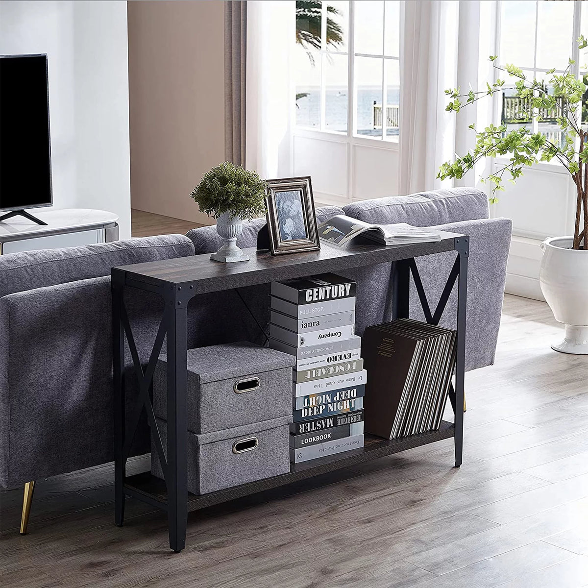 46 Inch 2-Tier Dark Rustic Oak Console Table L348112