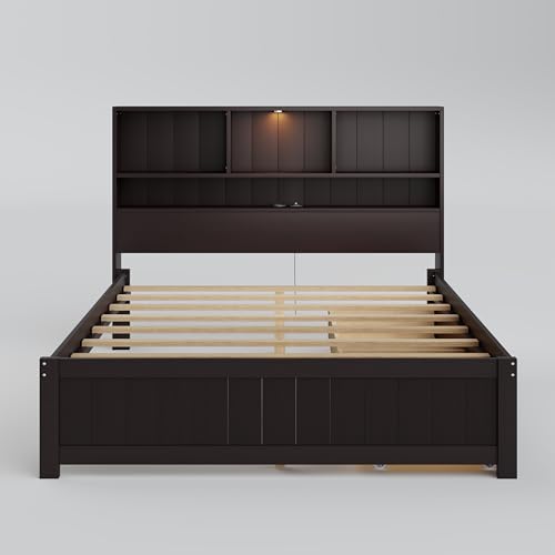 White Wood Twin Bed Frame with Bookcase Headboard and Storage Drawers Q14835