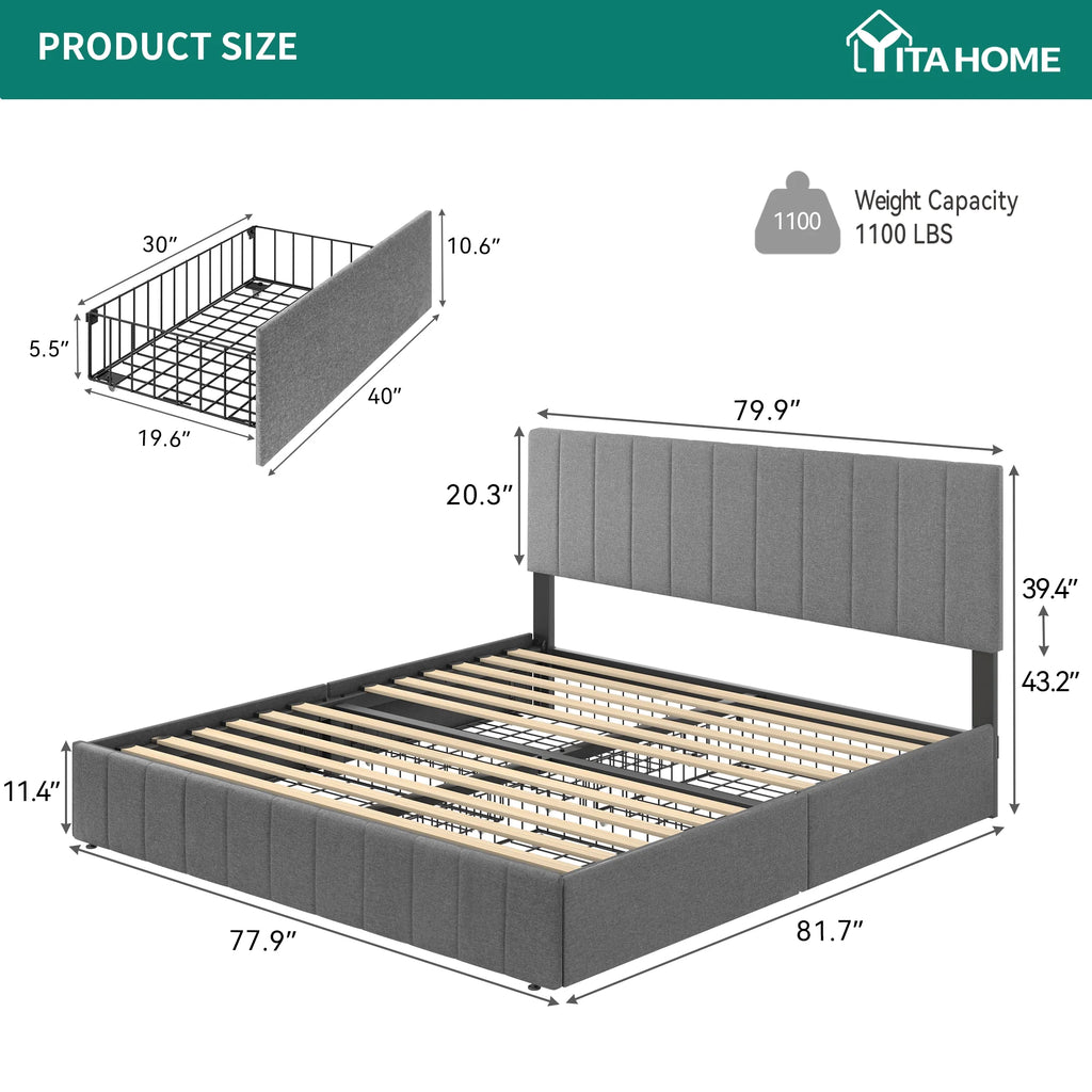 King Size Upholstered Bed Frame with 4 Storage Drawers S3976