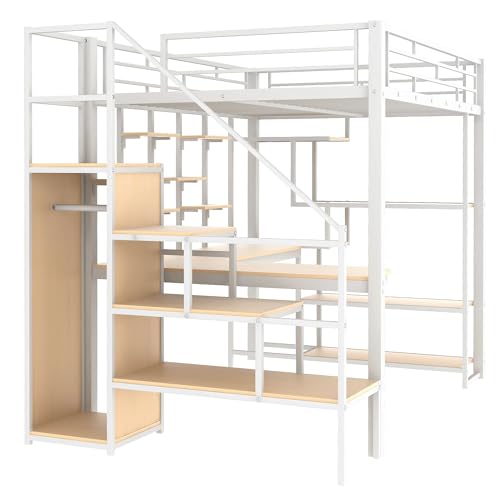 Full Size Black Metal Loft Bed with Desk, Wardrobe and Storage Stairs D915102
