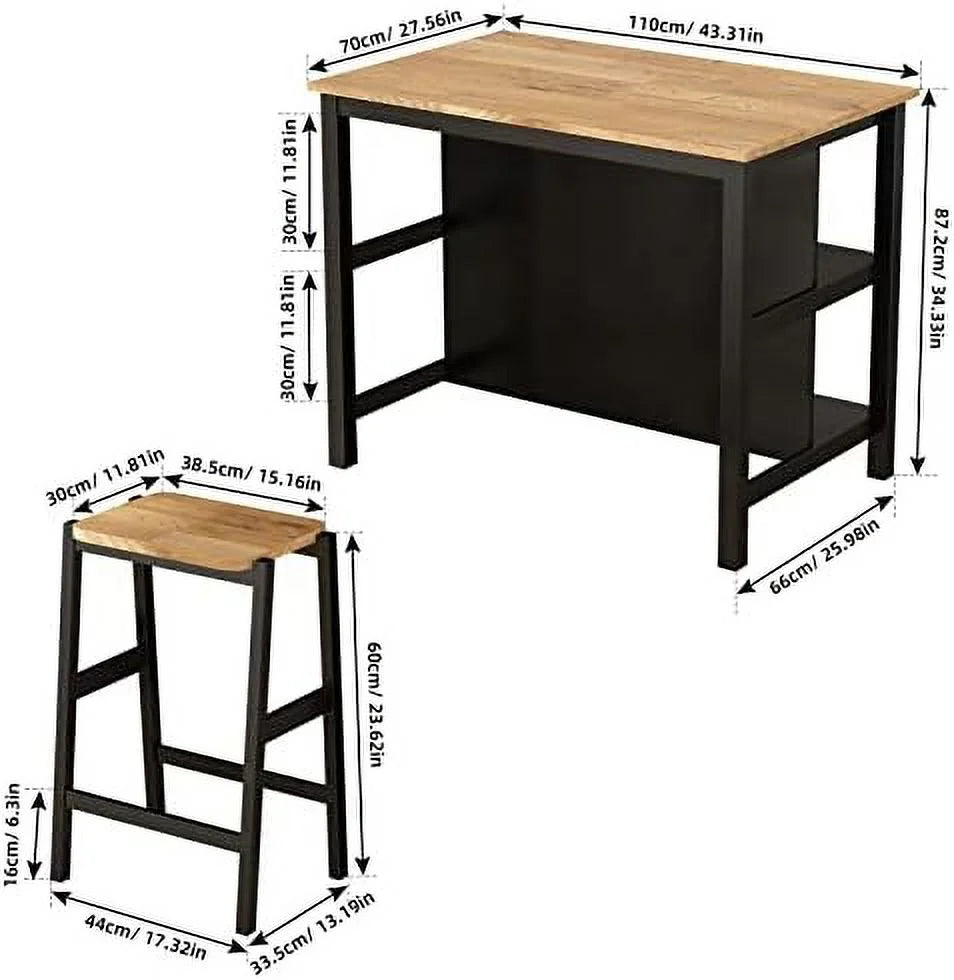 3 Piece Black Wood Dining Table Set with 2 Stools Y48484