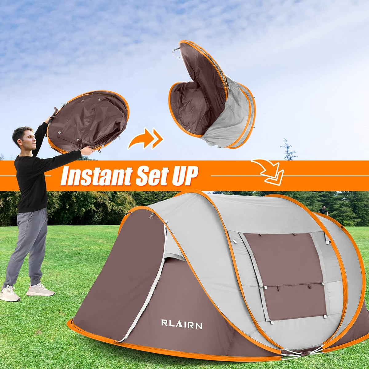 4 Person Pop Up Tent with 2 Mesh Windows & Doors Waterproof Brown V179689