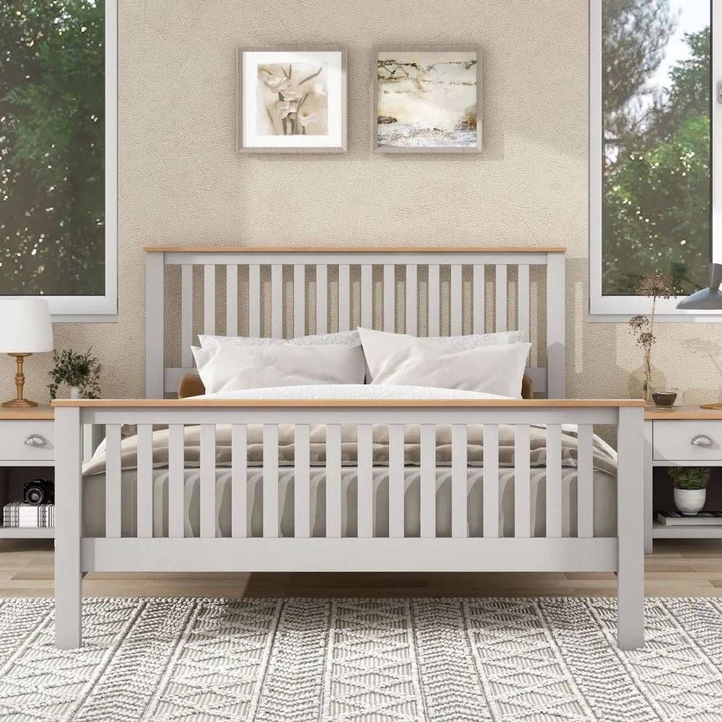 Grey Queen Size Solid Platform Bed with Oak Top U29591