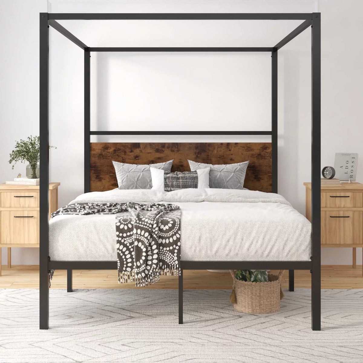 Queen Size Metal Canopy Bed Frame with Wooden Headboard L21135