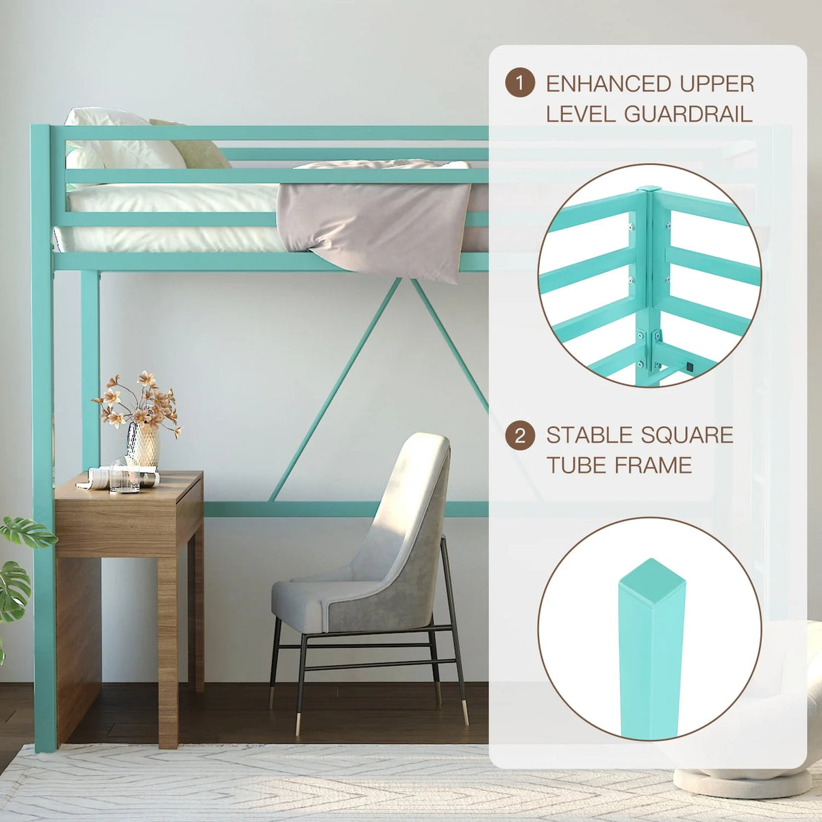 Black Twin Size Metal Loft Bed with Stair & Safety Guard L38101