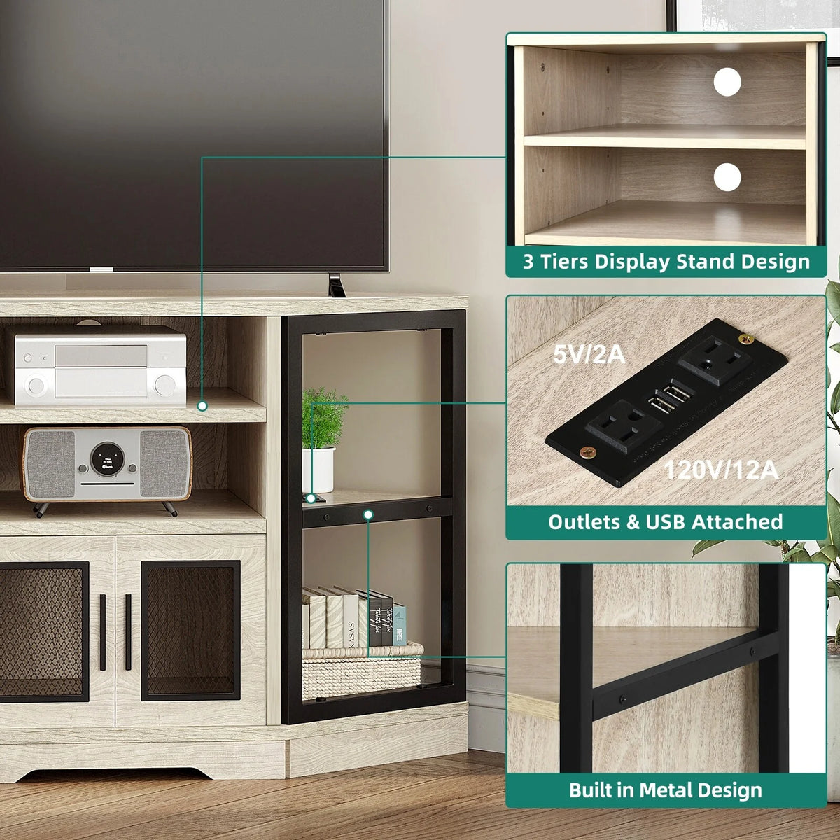 Farmhouse Corner TV Stand with Power Outlet Oak G8107