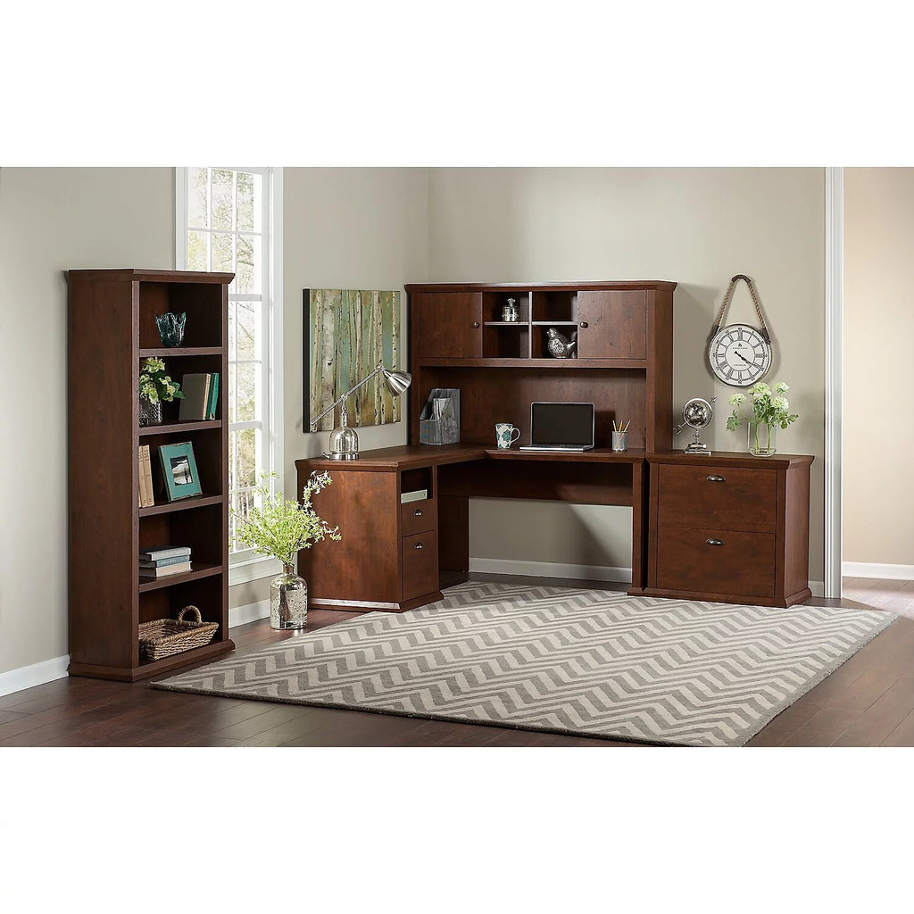 L Desk with Hutch File & Bookcase Antique Cherry Engineered Wood K829