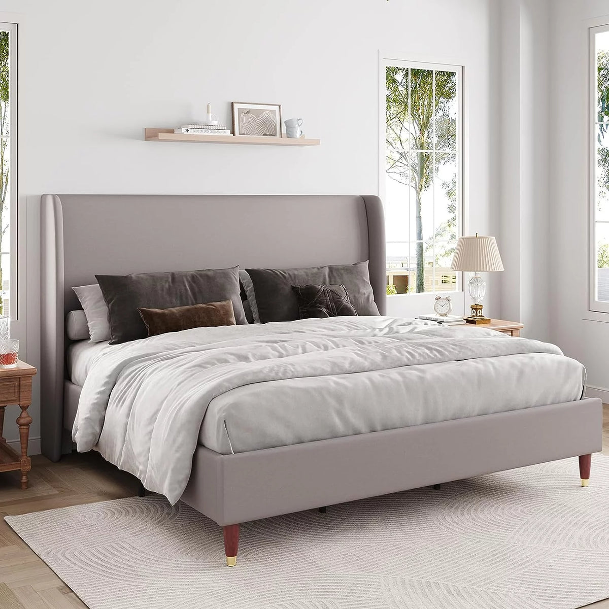 King Size White Linen Upholstered Platform Bed with Wingback Headboard Z402
