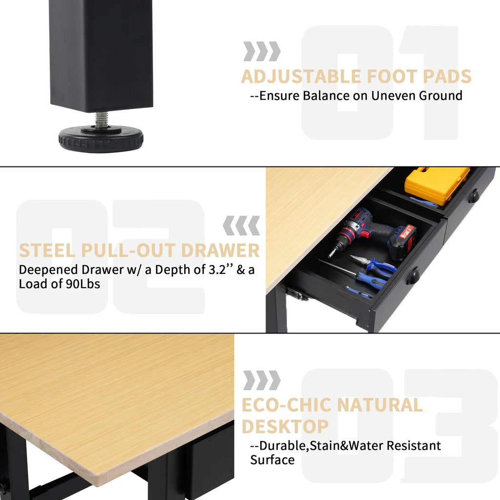 55'' Adjustable Work Bench with Power Outlets and Drawers T341929