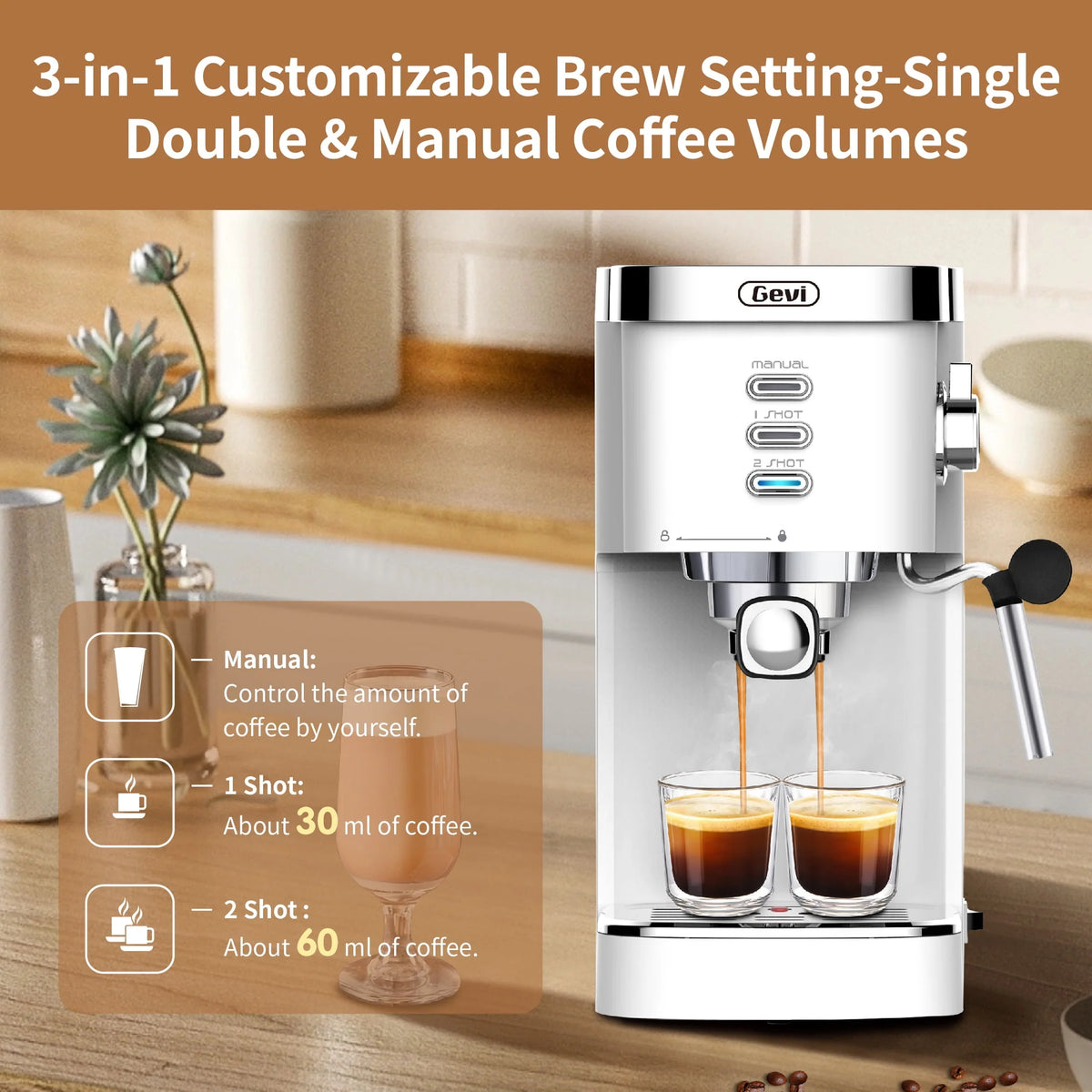 20 Bar Espresso Machine with Milk Frother Wand, 40.58 oz, White J9815