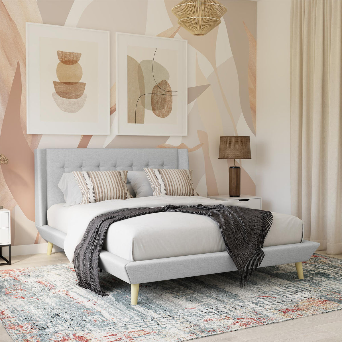 Queen Light Gray Linen Upholstered Bed Z78352