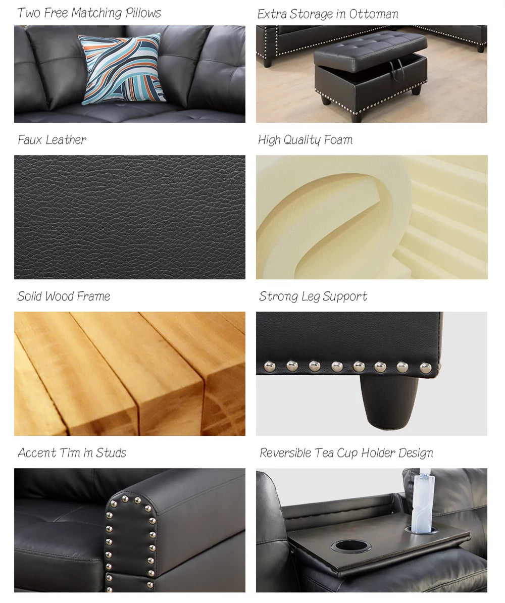 Black Leather Sectional Sofa with Storage Ottoman and Pillows X259