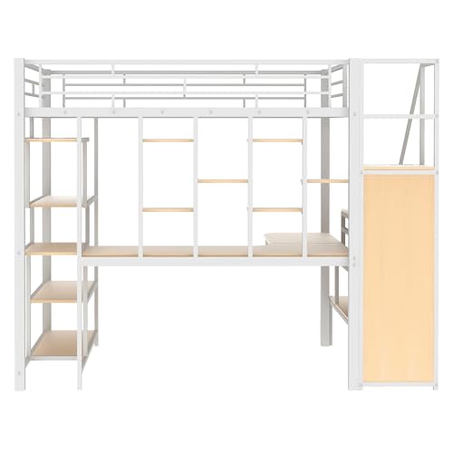 Full Size Black Metal Loft Bed with Desk, Wardrobe and Storage Stairs D915102