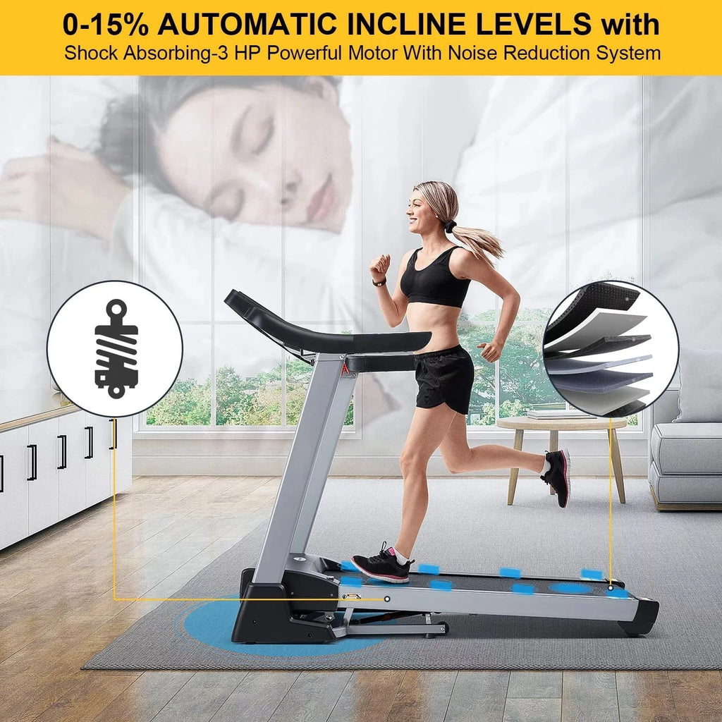 3HP Folding Treadmill with 15% Auto Incline, 300 LBS Capacity P974