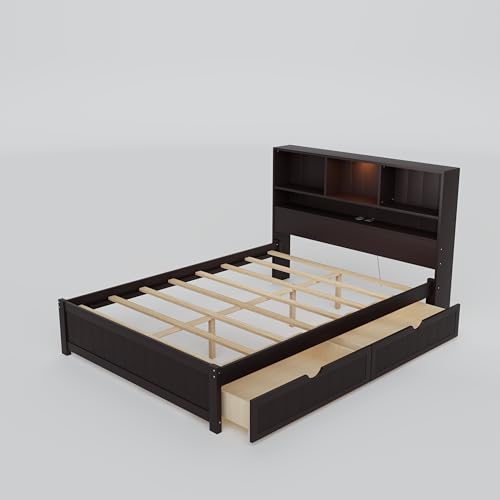 White Wood Twin Bed Frame with Bookcase Headboard and Storage Drawers Q14835