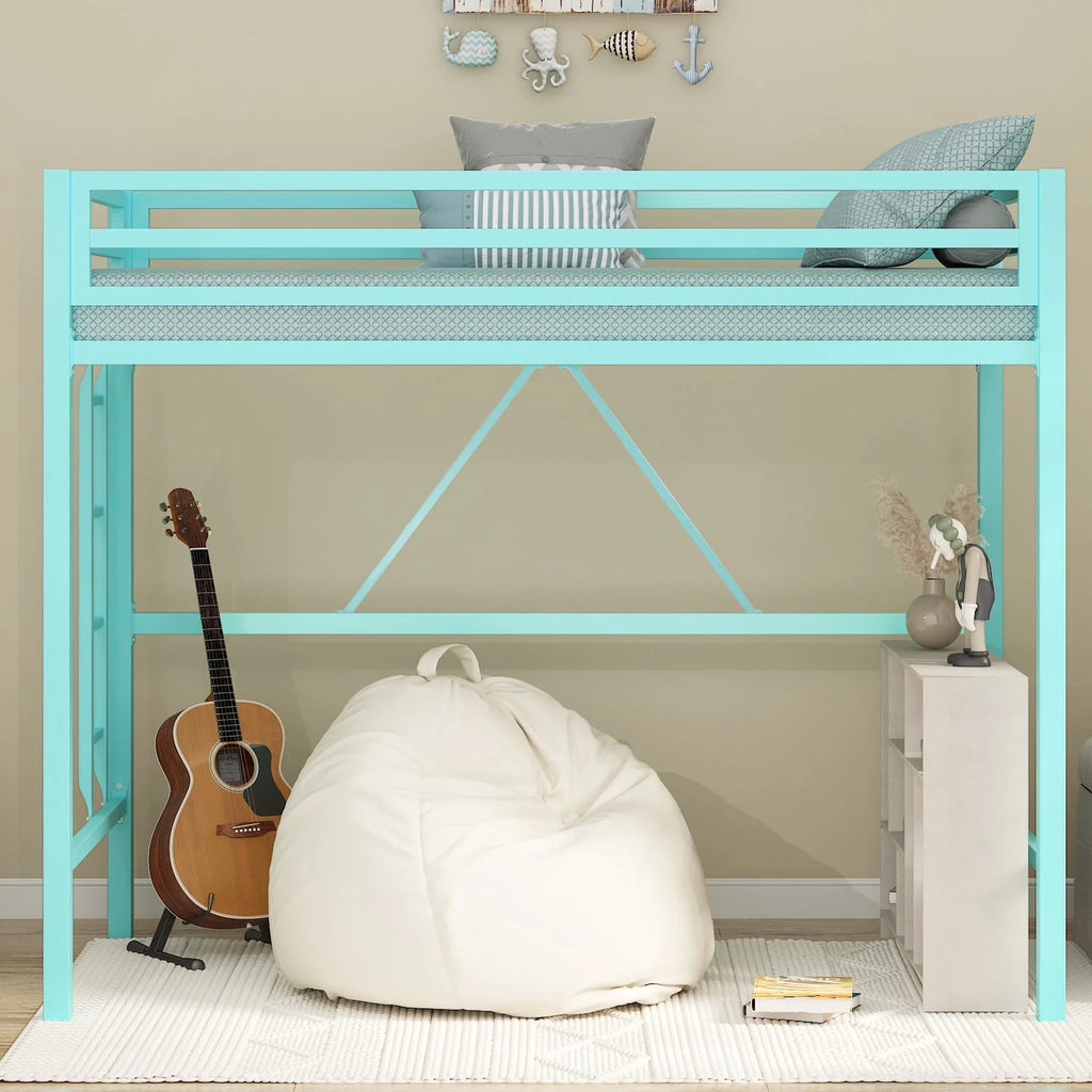 Black Twin Size Metal Loft Bed with Stair & Safety Guard L38101