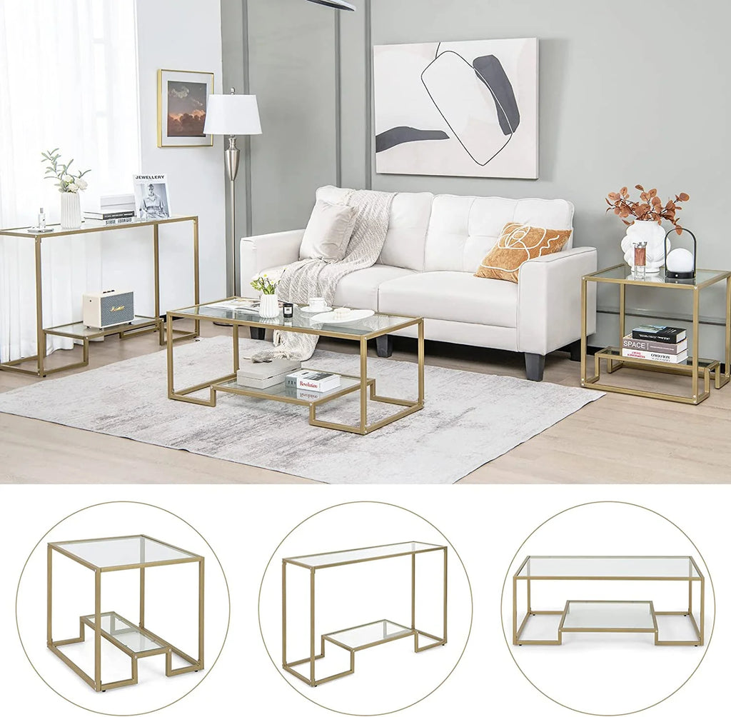 48” 2-Tier Console Table with Tempered Glass Tabletop & Golden Metal Frame X383