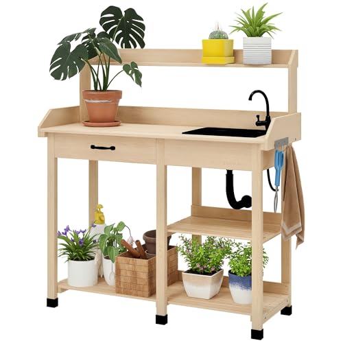 Wooden Potting Bench Table with Sink and Drawer C3863