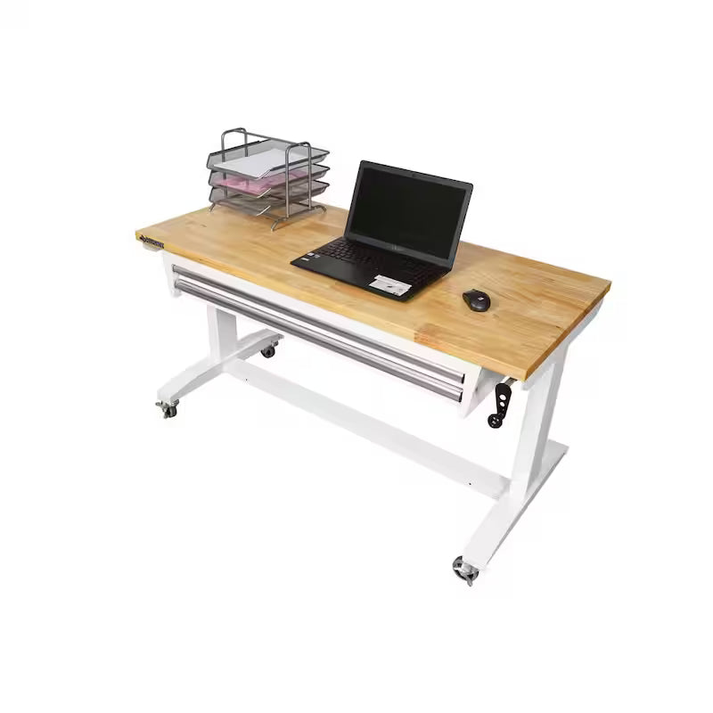 White Steel 2-Drawer Adjustable Height Workbench Table Y56754