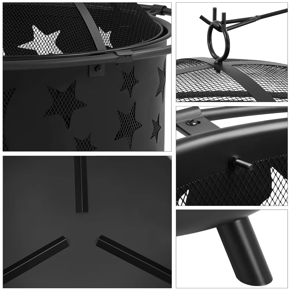 Black Iron Fire Pit with Poker Mesh Cover X9327