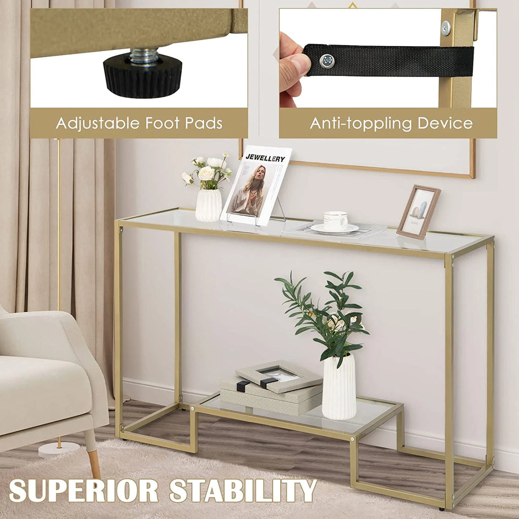 48” 2-Tier Console Table with Tempered Glass Tabletop & Golden Metal Frame X383
