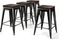 24 inch Metal Bar Stool Set of 4 Backless Solid Wood Seat Gloss Black Y1401