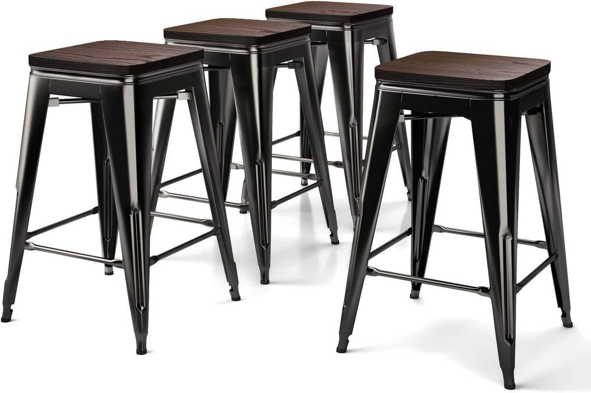 24 inch Metal Bar Stool Set of 4 Backless Solid Wood Seat Gloss Black Y1401
