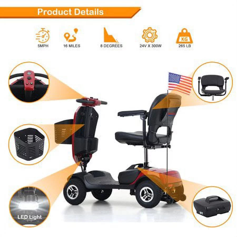 4 Wheels Foldable Mobility Scooter with LED Light and USB Port Red E870