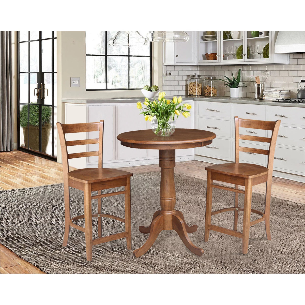 3-piece Solid Wood Counter Height Dining Set with Round Pedestal Table and 2 Ladder Back Stools Y703785