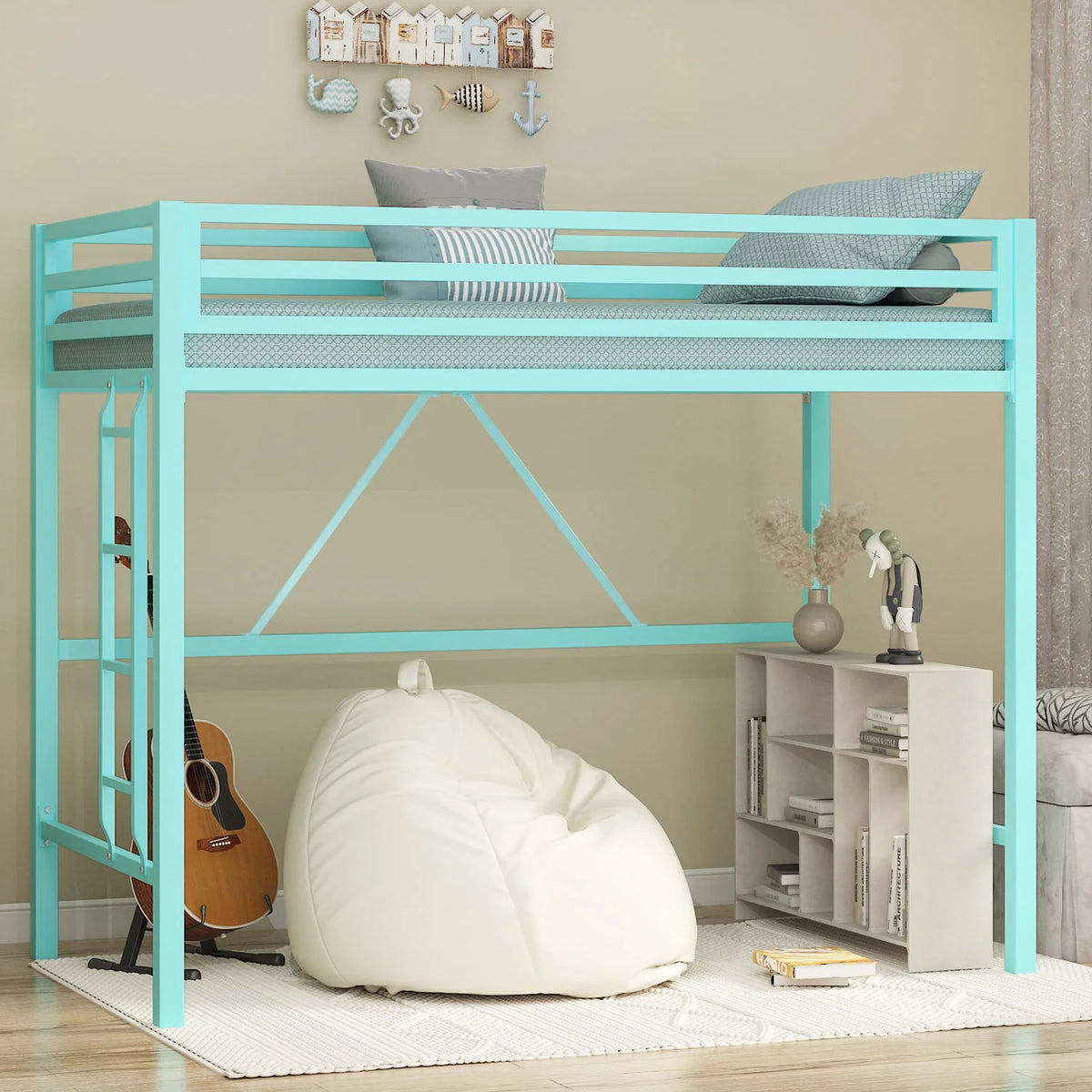 Black Twin Size Metal Loft Bed with Stair & Safety Guard L38101
