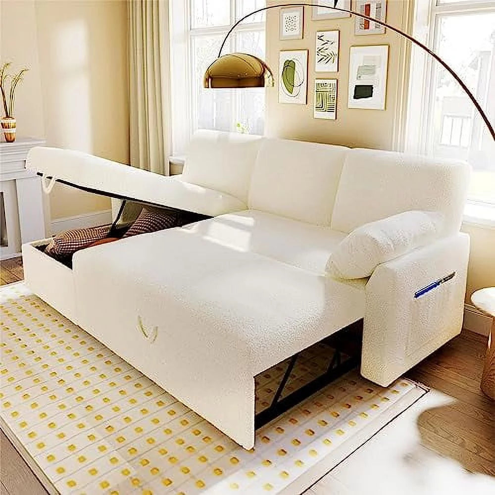 White Sherpa Sleeper Sofa with Storage Chaise U159