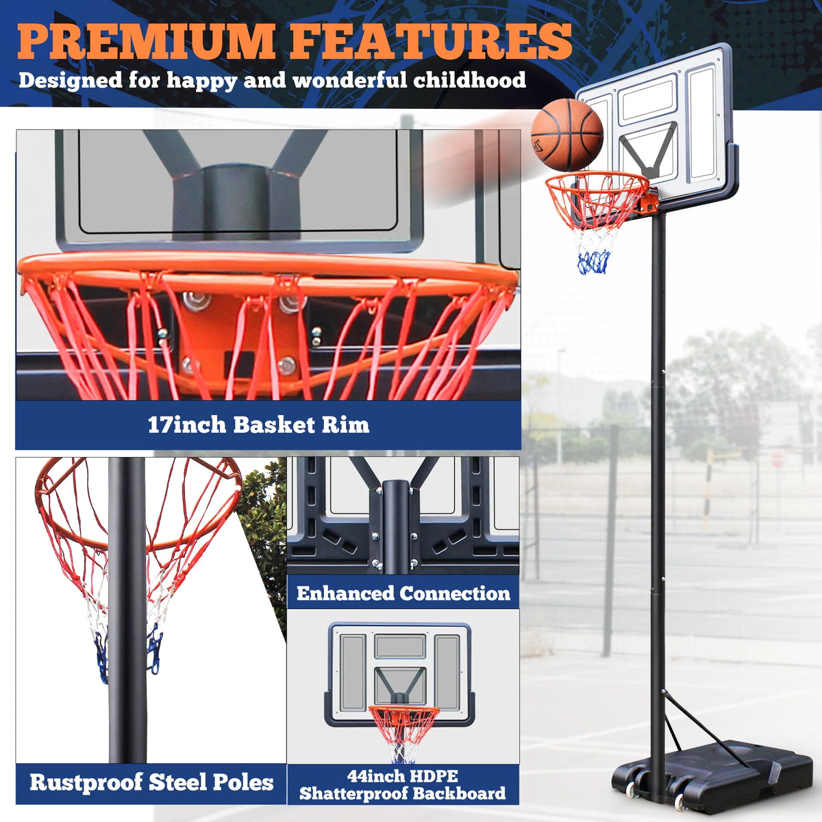 44 Basketball Hoop, 4.4-10ft Height Adjustable Portable Basketball Goal System with Shatterproof PVC Backboard and 18 Rim E835