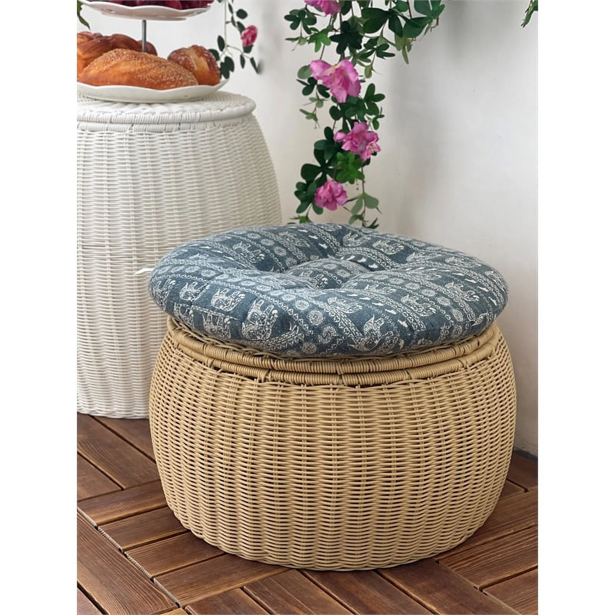Wicker Rattan Storage Footstool Q48875