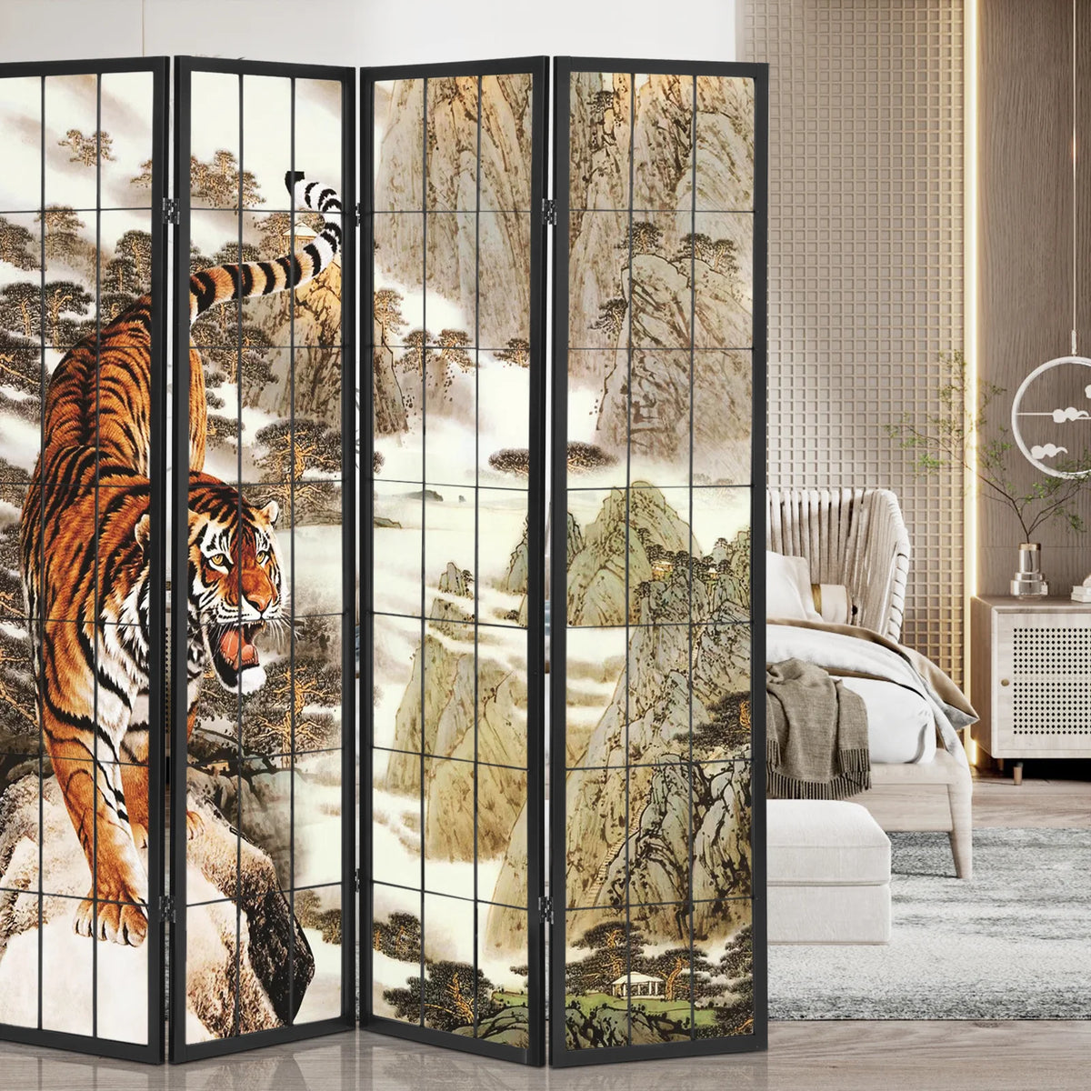 Black 4 Panel Tiger Pattern Wooden Room Divider O31737