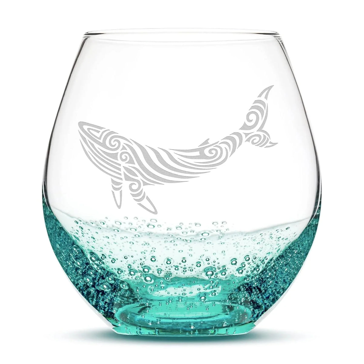 Whale Stemless Wine Glass, Handblown, Tribal Design W363052
