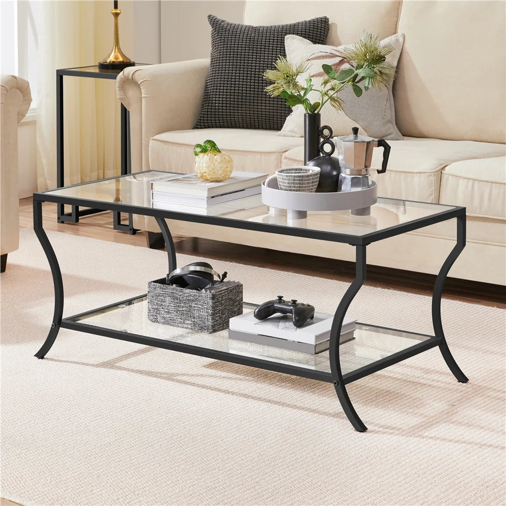 Black 2-tier Tempered Glass Coffee Table with Iron Frame C137