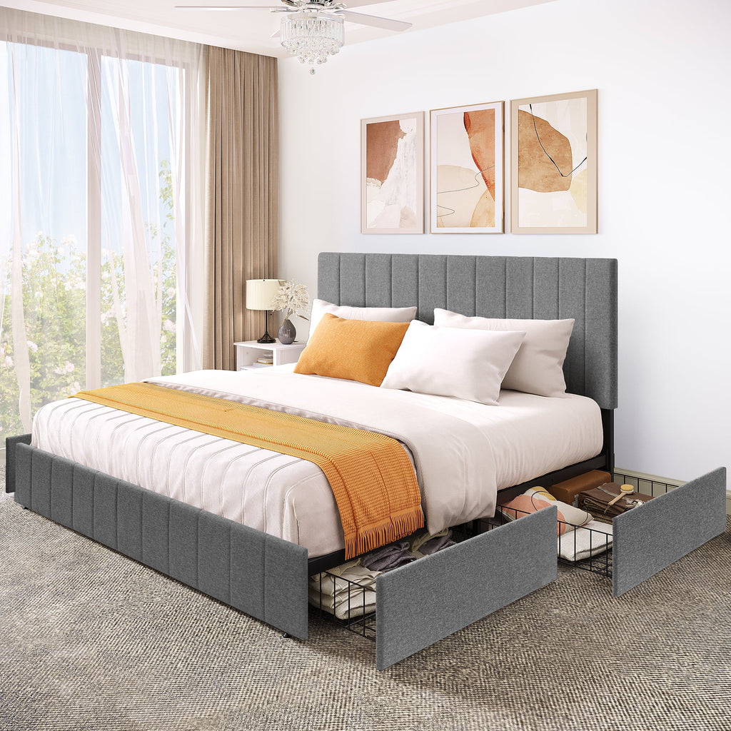 King Size Upholstered Bed Frame with 4 Storage Drawers S3976