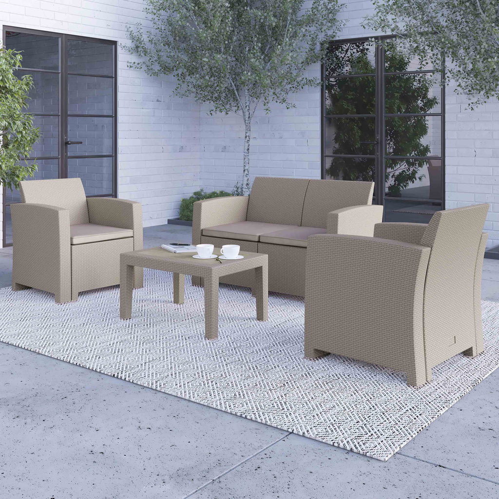 Light Gray Faux Rattan 4 Piece Patio Furniture Set with Cushions and Table W786784