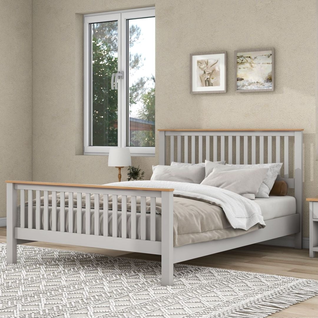 Grey Queen Size Solid Platform Bed with Oak Top U29591